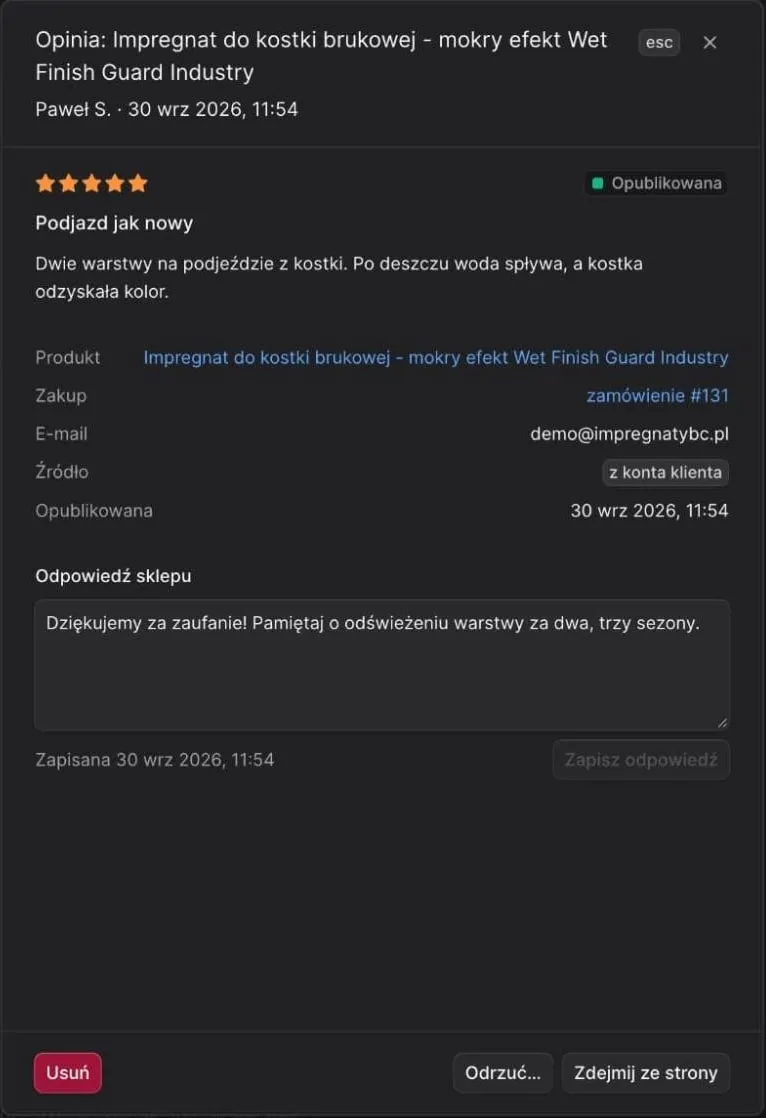 Szczegóły opinii w panelu: ocena, treść, powiązane zamówienie, źródło, pole odpowiedzi sklepu i przyciski Odrzuć oraz Zdejmij ze strony
