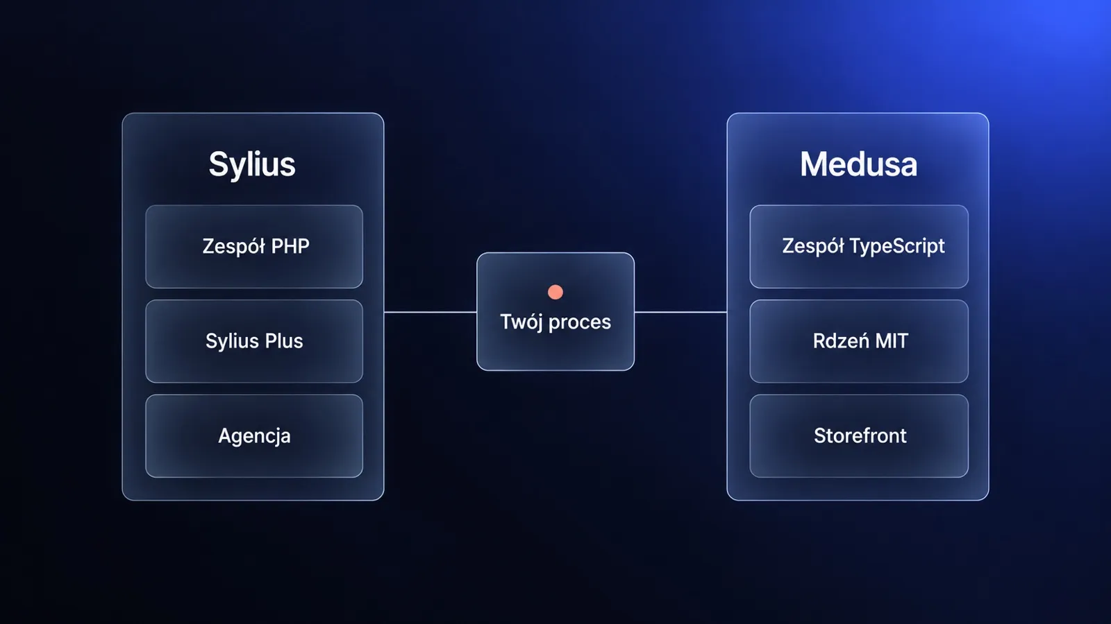 Kafel Twój proces z koralowym punktem połączony liniami z dwiema kolumnami: Sylius z kaflami Zespół PHP, Sylius Plus i Agencja oraz Medusa z kaflami Zespół TypeScript, Rdzeń MIT i Storefront