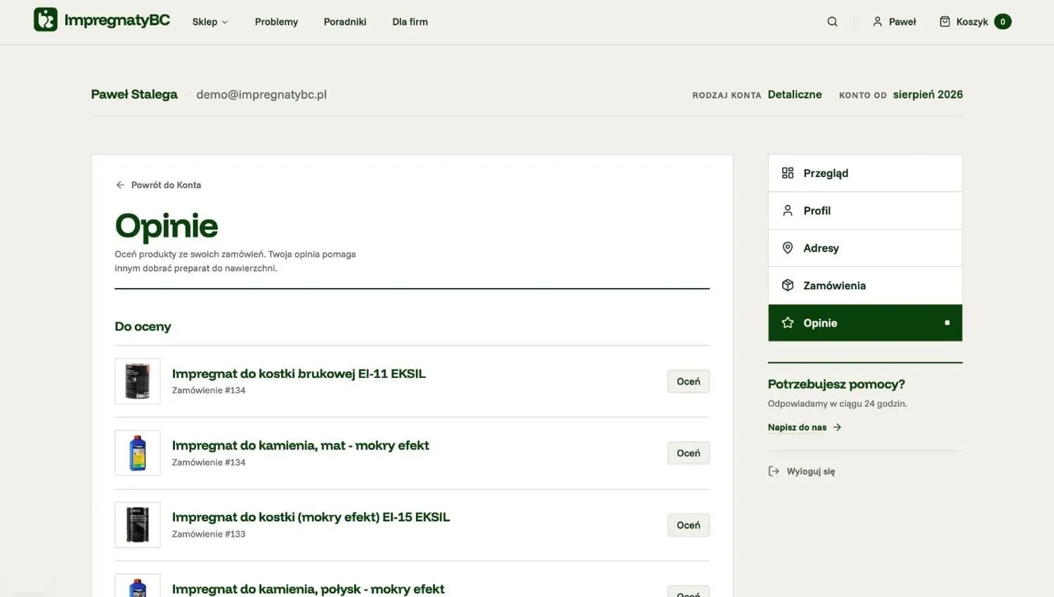 Zakładka Opinie na koncie klienta z listą kupionych produktów do oceny i numerami zamówień