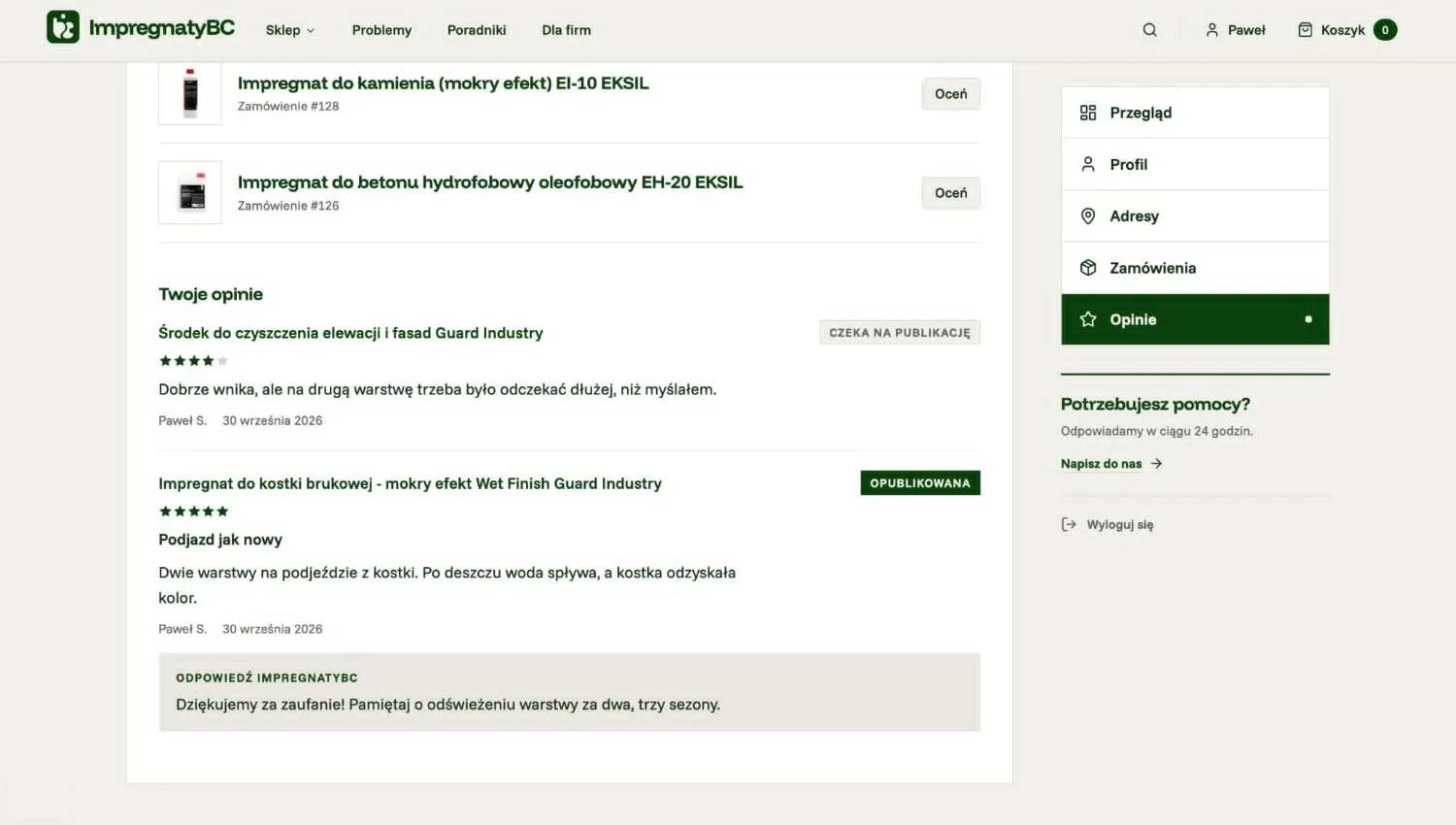 Lista opinii klienta ze statusami „Czeka na publikację” i „Opublikowana” oraz odpowiedzią sklepu pod opinią