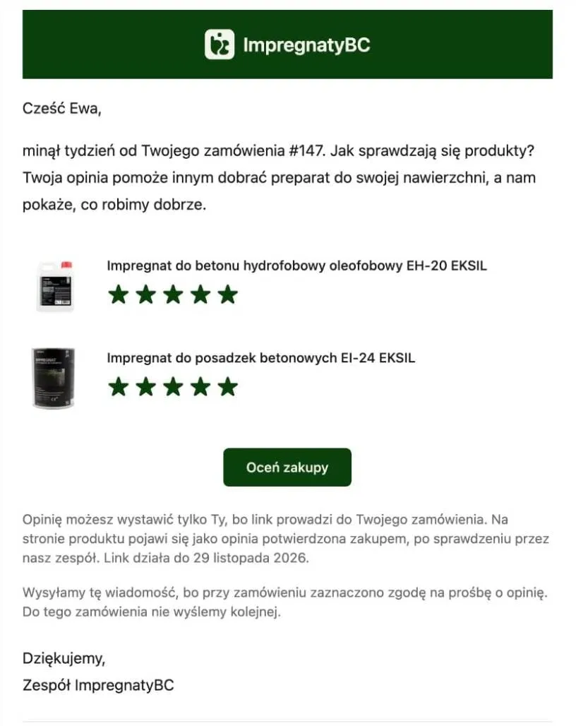 Mail z prośbą o opinię: dwa kupione produkty, przy każdym pięć gwiazdek do kliknięcia, oraz informacja o terminie ważności linku