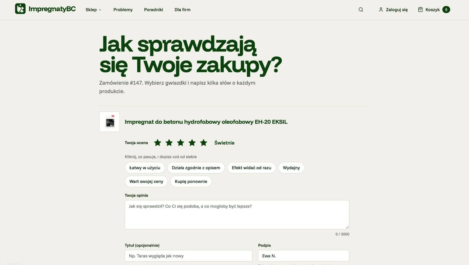 Formularz opinii z pięcioma gwiazdkami, podpowiedziami zdań do kliknięcia, polem treści i podpisem