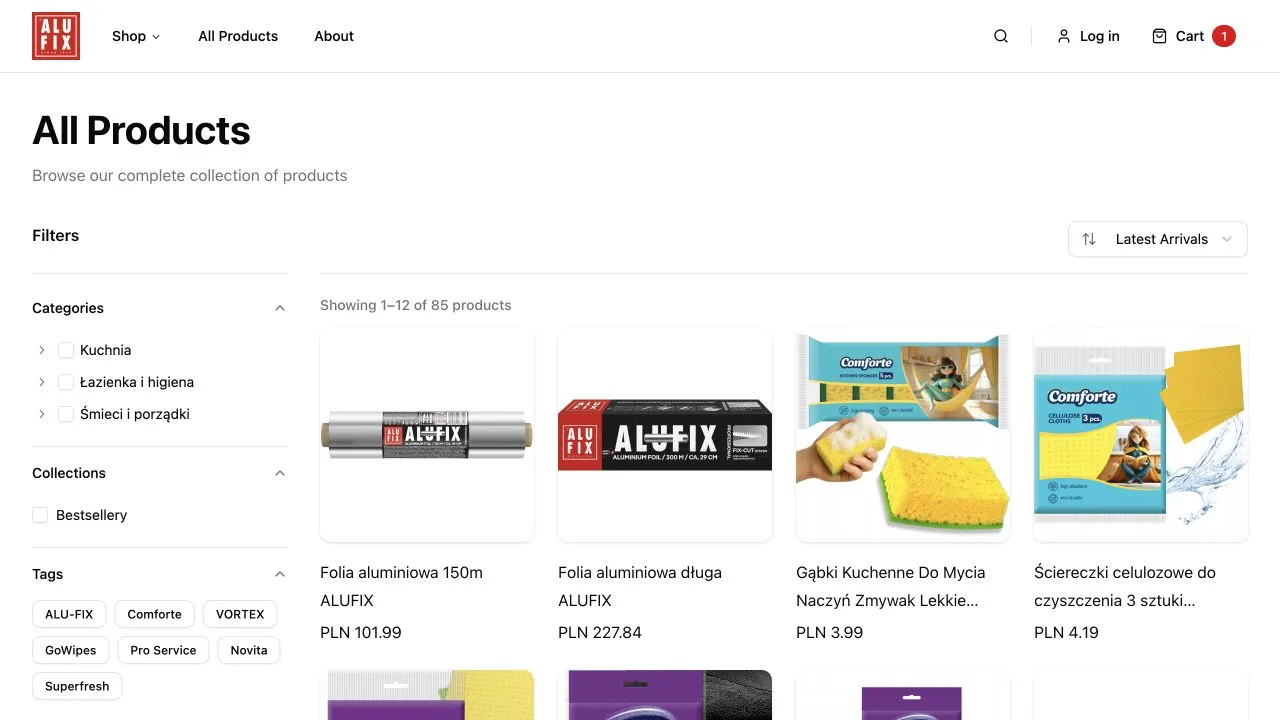 Katalog Alufix z kategoriami, filtrami i listą produktów