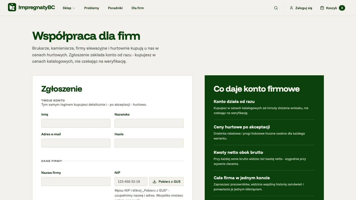 Formularz zgłoszenia konta firmowego w sklepie ImpregnatyBC z polem NIP i przyciskiem „Pobierz z GUS” oraz listą korzyści z konta firmowego