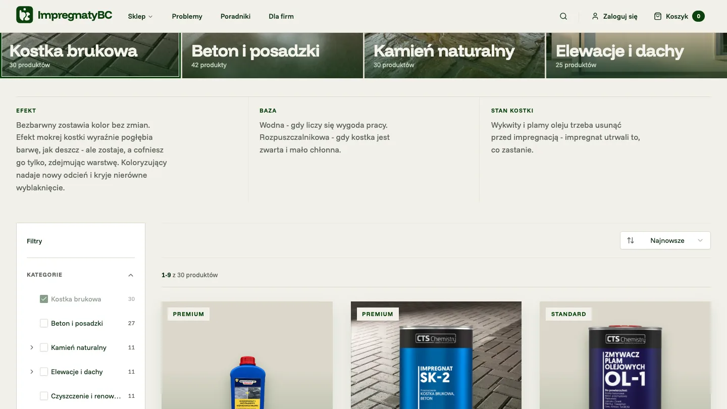 Lista produktów do kostki brukowej w sklepie ImpregnatyBC z filtrami po kategorii, pojemności, bazie i efekcie oraz licznikiem 1-9 z 30 produktów