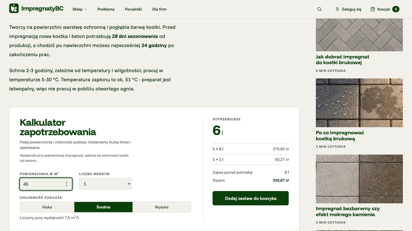 Kalkulator zapotrzebowania na karcie produktu SK-2: powierzchnia 45 m², jedna warstwa, średnia chłonność, wynik 6 l jako jedno opakowanie 5 l i jedno 1 l, razem 330,87 zł
