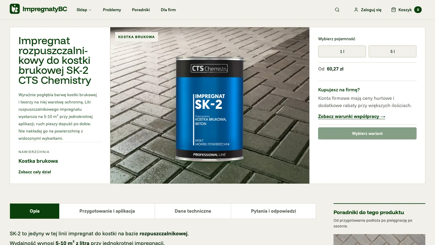 Karta produktu SK-2 w sklepie ImpregnatyBC z wyborem pojemności 1 l i 5 l, ceną od 60,27 zł i ramką „Kupujesz na firmę?”