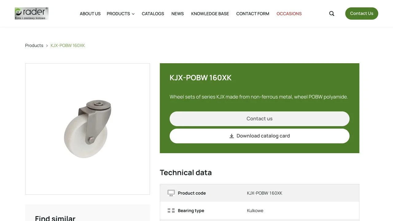 Karta produktu Rader z danymi technicznymi