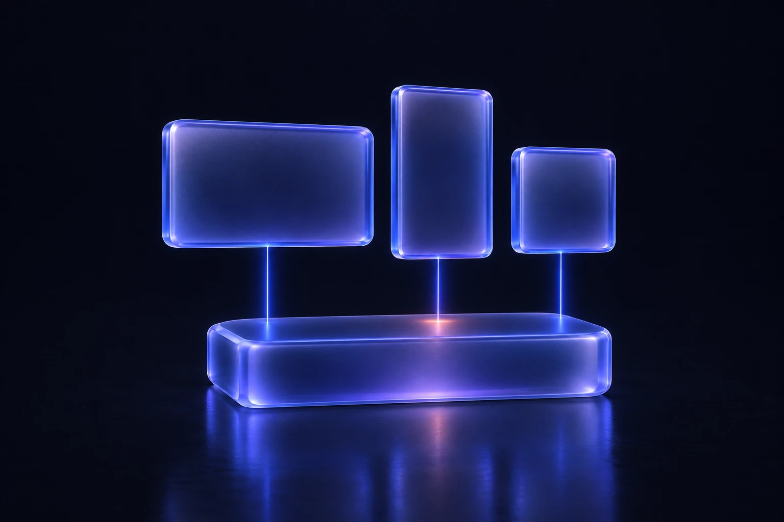 A low glass slab with three separate glass panels of different shapes hovering above it, each joined to the slab by a thin line of light: one commerce engine and several independent front ends.