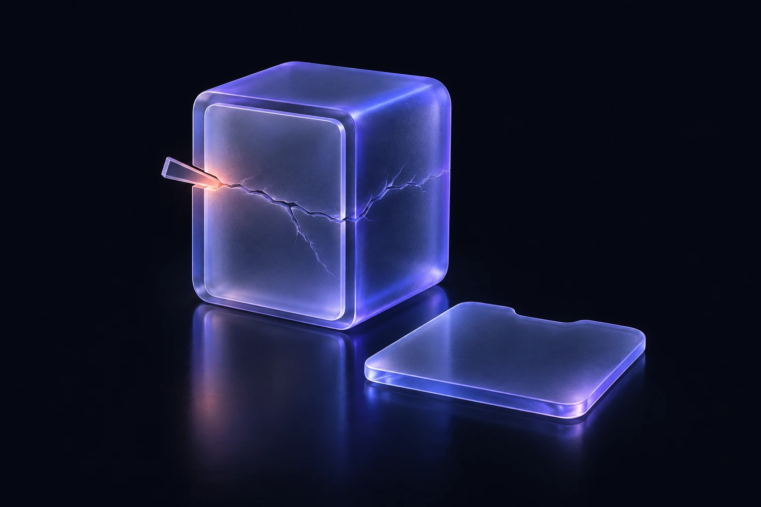 A glass block with its front plate fused to the body. A wedge is driven into the seam and a crack runs from it across the whole block. A new front plate of a different shape lies on the floor beside it.